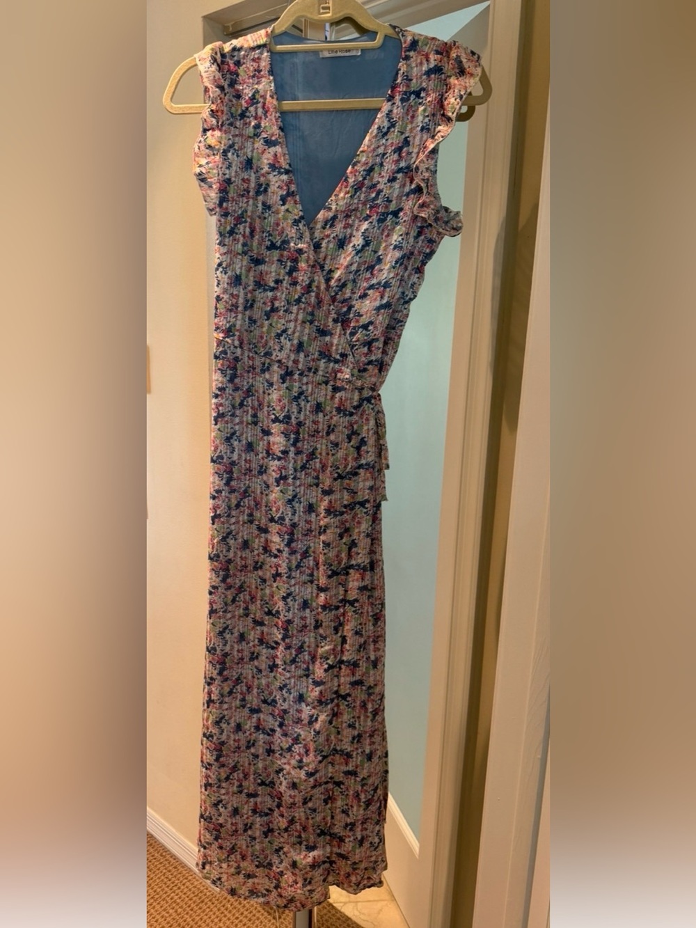Sleeveless Floral Wrap Maxi Dress in Blue and Pink